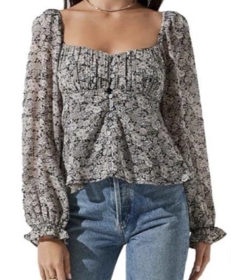 ASTR the Label XL Ditsy Floral Milkmaid Top Balloon Sleeves Black White Coquette - Image 1 of 4