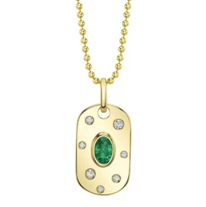 Collar Diamante Corte Ovalado Esmeralda Oro Amarillo 14K Etiqueta de Perro Natural 0.27 CTW - Imagen 1 de 2