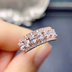 Anillo de boda de plata 925 con diamantes simulados de corte ovalado enchapado en oro rosa de 14 k - Imagen 1 de 5