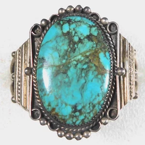 NATIVE AMERICAN STERLING Big TURQUOISE HANDMADE Vintage Heavy BRACELET Estate - Picture 1 of 4