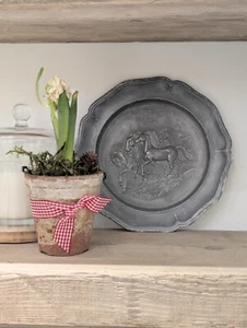 Vintage French Wall Hanging Pewter Metal Plate Decorative Embossed Horses 22cm - Picture 1 of 8