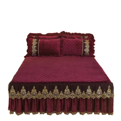 Antique Lace Velvet Bedspread Skirted Quilted Cotton King Queen Size Bed Cover - Image 1 of 4