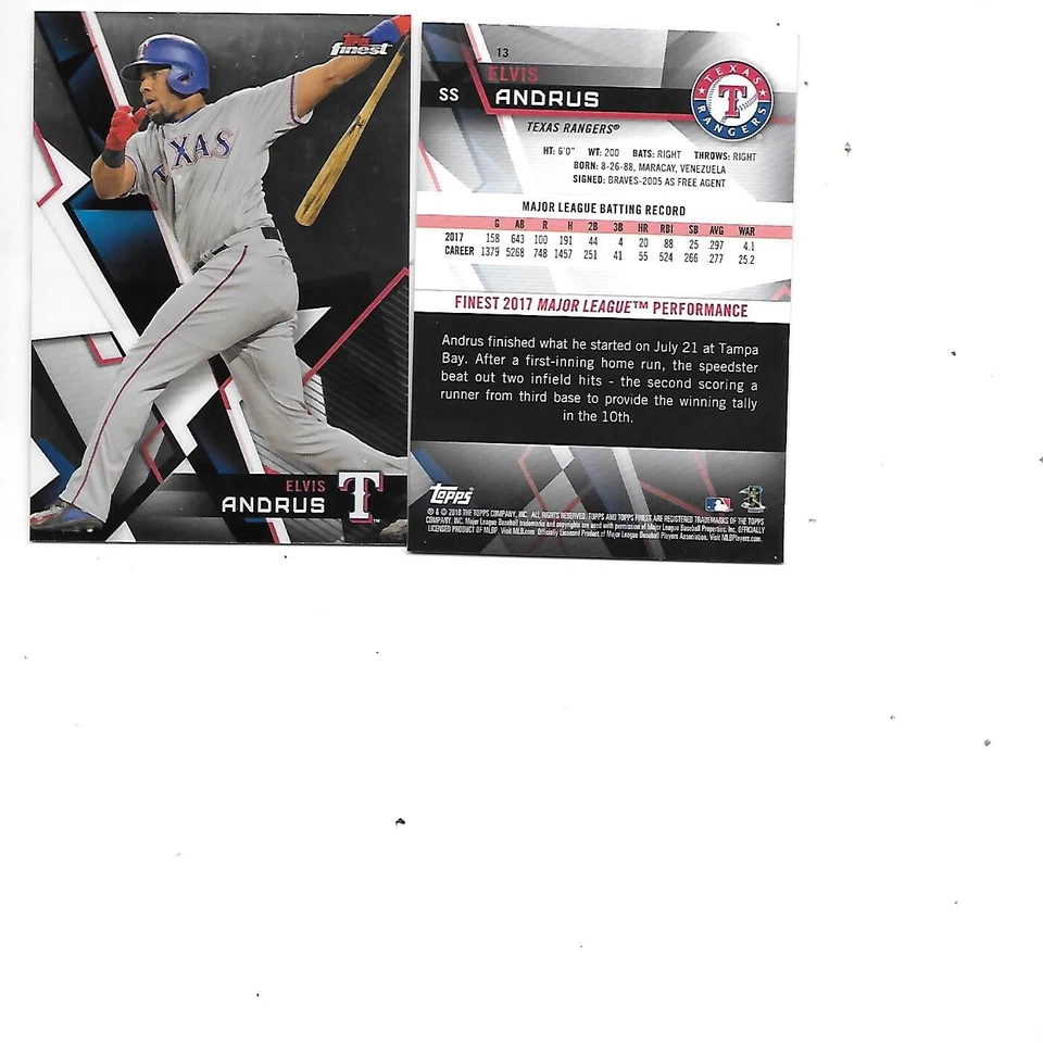 Elvis Andrus 2018 Topps Finest Baseball Card #13 Lot of 2 Texas Rangers - Image 1 of 1