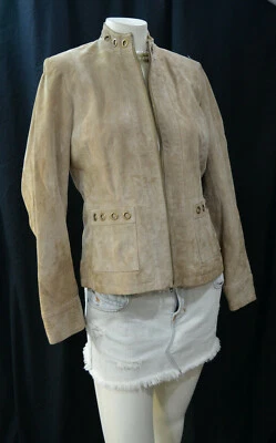 RUFF HEWN WELL WORN LINED TAN SUEDE LEATHER ZIP JACKET crop coat rivets SZ M VTG - Image 1 of 4