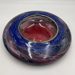 Signiert Blau Grün Studio Kunst Glas Herzstück Schale Asymmetrisch Wirbel Rot Blau - Bild 1 von 8