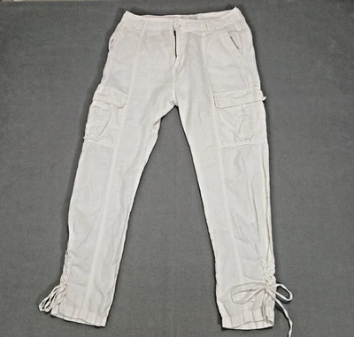 Calça cargo Joie branca 100% linho Lagenlook boho relaxada com cadarço cônico tornozelo 4 - Imagem 1 de 4