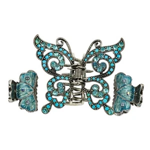 3pc Y2K Vintage Style Blue Rhinestone & Enamel Hair Claw Clips Set Fairycore - Picture 1 of 5