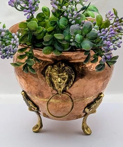 Vintage Hammered Copper Brass Lion Rings Head Feet Jardiniere Planter Footed 6" - Picture 1 of 7