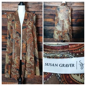 Susan Graver XL Long Tunic Vest Open Sheer Boho Pleated Flowy Earth Tone Paisley - Picture 1 of 10