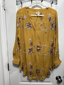 Fig & Flower Blouse Women's 1X Blouse Mustard Yellow Embroidered Floral Top Boho - Picture 1 of 20