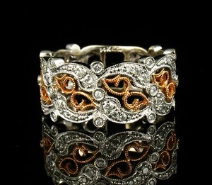 FINE SIGNED NATURAL 3/4ctw DIAMOND 14K WHITE & ROSE GOLD WIDE BAND FILIGREE RING - Picture 1 of 10