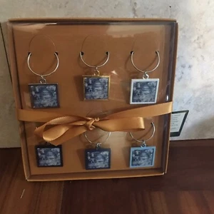 Annie Modica Wine Charms Blue White Set Of 6 Zinc Alloy With Brass Rings - Picture 1 of 7