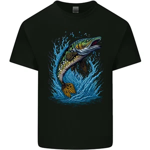 T-Shirt Jumping Hecht Fisch Angeln Fischer Herren Baumwolle T-Shirt Top - Bild 1 von 19