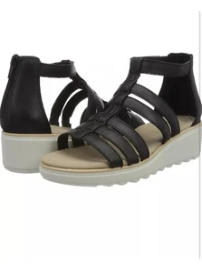 Clarks Ladies JILLIAN NINA Black Leather Wedged Sandals 5.5 D / Eu 39 - Picture 1 of 4