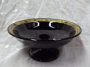 Vtg Estate Find ~ BLACK AMETHYST Gold Trims ~ COMPOTE BOWL ~ 8 & 3/8" D x 4" H - Picture 1 of 8