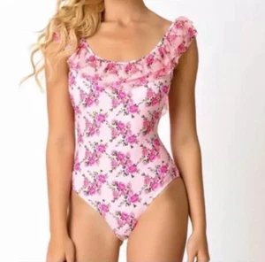 Betsey Johnson ~ Floral Roses Ruffles One Piece Low Back Swimsuit M NEW $98. - Picture 1 of 11