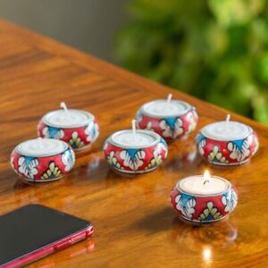 Hand-Painted Shimmering Mughals Floral Ceramic TeaLight Holders Of 6Pc For Decor