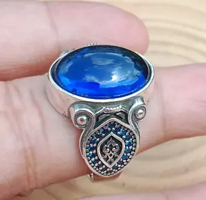 Turkish Men's Ring Blue Tanzanite Quartz 925 Sterling Silver New Ottoman Jewelry - Picture 1 of 8