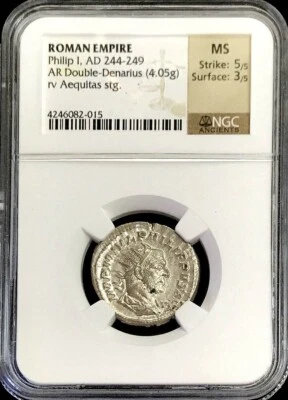 244-249 AD SILVER ROMAN EMPIRE DOUBLE-DENARIUS PHILIP I AEQUITAS NGC MS 5/5 3/5 - Image 1 of 2