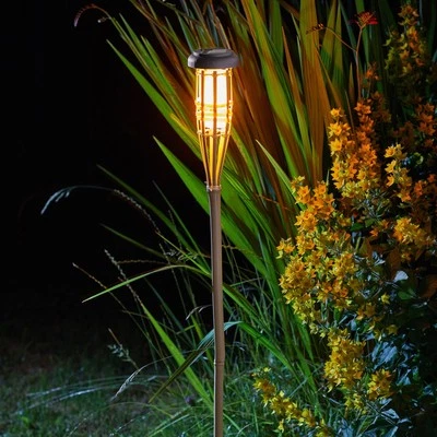 3PK Solar Flaming Bamboo Torch by Smart Solar - tiki, rustic, post, stake light, - Image 1 of 4