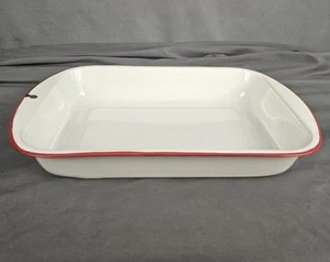 Vintage White Enamelware Pan With Red Trim 15" x 9.5" - Picture 1 of 9