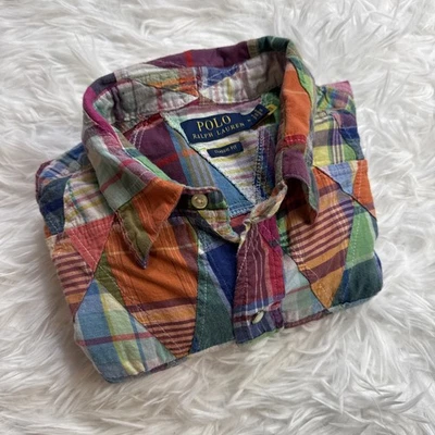Rare!! POLO Ralph Lauren PATCHWORK Flannel Shirt Men Medium M Pearl Snap Button - Image 1 of 4