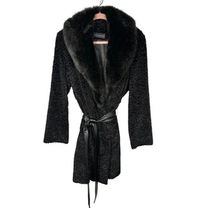 Dale Dressin Black Faux Fur Collar Teddy Coat Women's Large - Picture 1 of 10