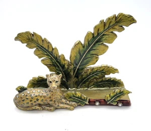 Porta biglietti da visita decorativo smaltato leopardo steli palma strass metallo - Foto 1 di 6