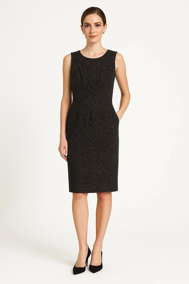 Vestido Vaina Etcetera Negro Estampado Moteado Tweed Carrera Talla 6 Bolsillos Sin Mangas Foto 1 de 4