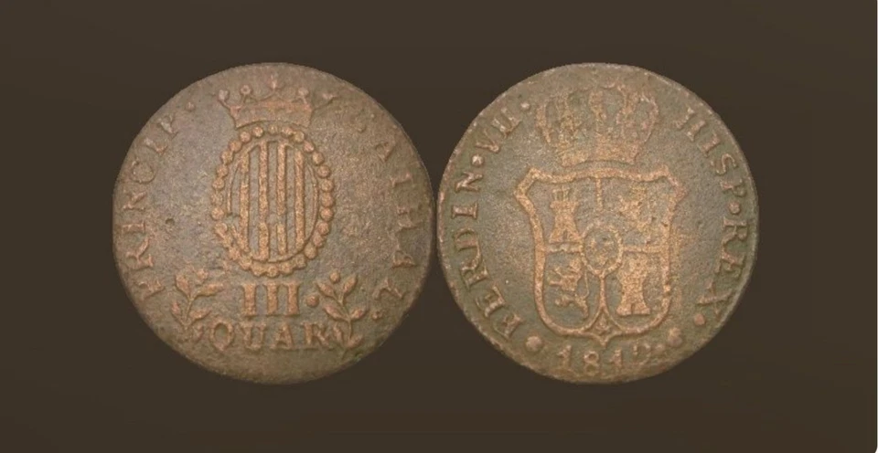 SPAIN- Catalonia   3 Quartos 1812 - Copper- Ferdinand VII - Image 1 of 3