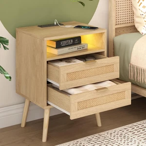 Mesita de noche de ratán con estación de carga puerto USB luces LED y 2 cajones de almacenamiento - Imagen 1 de 7
