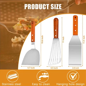 Stainless Steel Fish Spatula Turner with Wooden Handle Kitchen Tools 3 Pack - Picture 1 of 6