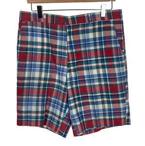 Vintage Madras Shorts Mens 34 Red Blue Plaid Cotton Flat Front Preppy Old Money - Imagen 1 de 8