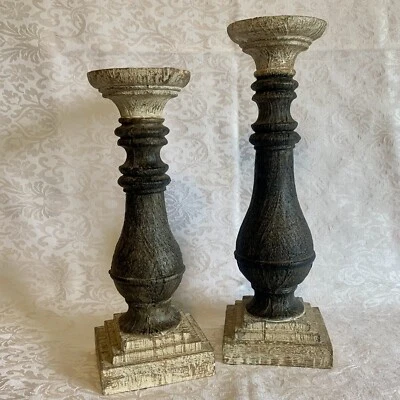 Pair Hobby Lobby Rustic Wood Look Candle Stick Pillar 15” & 13” - Image 1 of 4