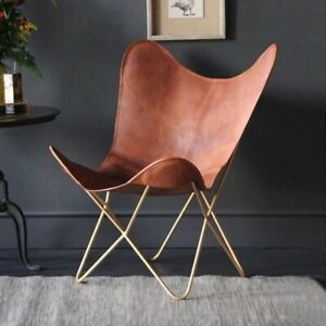 Leather Chair Brown Handmade with Powder Coated Folding Full Chair with Gold Leg