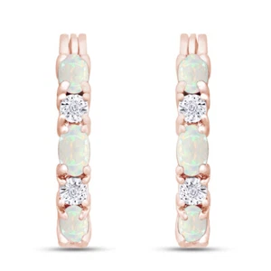 Hoop Earrings Created Opal with Natural Diamonds 14K Rose Gold Plated - Picture 1 of 5