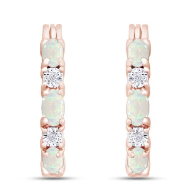 Pendientes de aro ópalo creado con diamantes naturales enchapados en oro rosa de 14K Foto 1 de 4