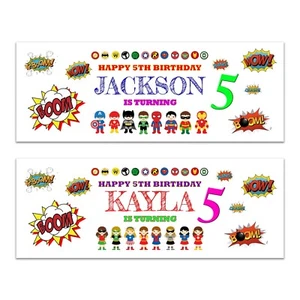 PERSONALISED BIRTHDAY BANNERS KIDS SUPERHERO PARTY NAME BOYS GIRL DECORATION - Picture 1 of 3