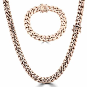 Mens Miami Cuban Link Bracelet Chain Set 14k Rose Gold Plated Stainless Steel - Picture 1 of 12