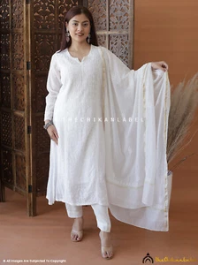 Ethnic Wear White Mulmul Chanderi Chikankari Suit | Lucknowi Hand Embroidered - Picture 1 of 6