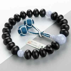 Men's Buddhist Prayer Beads 22 Beads Ebony Blue lace Chalcedony Kyoto Juzu Japan - Picture 1 of 9