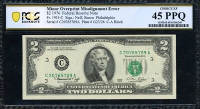 FR. 1935-C 1976 $2 FRN PHILA. PA PCGS 45 PPQ CHOICE XF * MISALIGNMENT ERROR * - Image 1 of 2