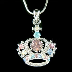 Pastel Crown Cross~ made with Swarovski Crystal Princess Charm Necklace Jewelry - Picture 1 of 1