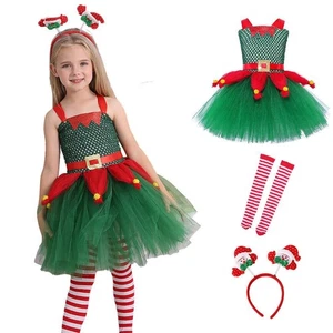 Kids Girl Christmas Elf Costume Tutu Dress + Headband + Stocking Cosplay Outfit. - Picture 1 of 19