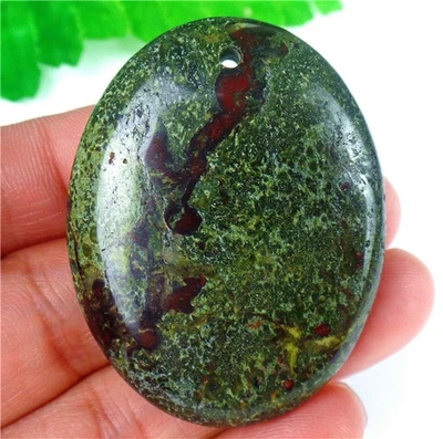45x35x9mm Natural Green and Red Dragon Blood Stone Oval Pendant Bead AD68799 - Image 1 of 3