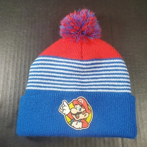 Nintendo Super Mario Bros. Knit Beanie Hat Red Blue Stripes Rubber Patch 2016 - Picture 1 of 5