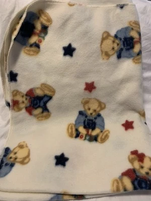 Vintage Springmaid Denim Bears Baby Fleece Blanket Throw Girl Boy Unisex Stars - Image 1 of 4