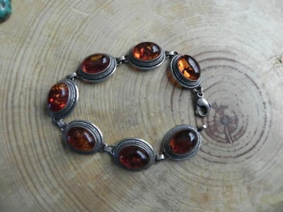 Brazalete de eslabones de tenis ovalados de ámbar y plata de ley .925  Foto 1 de 4