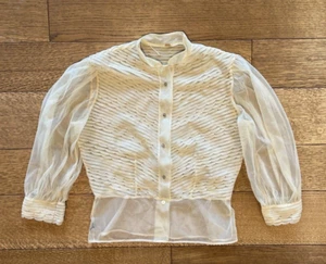 Vintage 50s PAULWIN Sheer Blouse Diamond Studded Buttons, Ivory 3/4 Sleeve M/L - Picture 1 of 11
