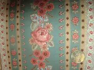 DE COLECCIÓN RAYAS FLORES ROSA PÁLIDO en tela de ALGODÓN VERDE AÑOS 80 - más de 3 yardas - Imagen 1 de 3